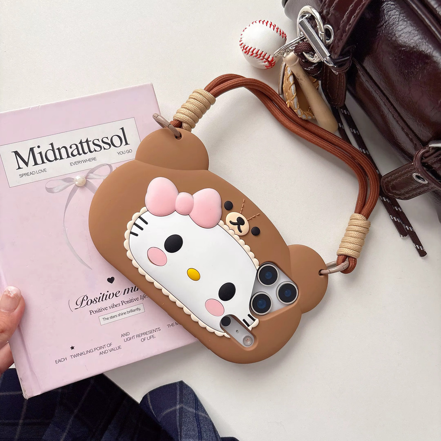 Kawaii 3D Bär Hello Kitty Handyhülle für iPhone 17 16 15 14 13 12 Pro Max Plus 16e 17 Pro mit Lanyard in Braun - Bild 3
