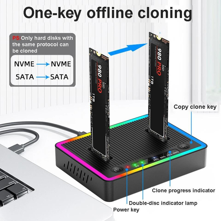 Kebidumei M.2 NVMe/SATA Dual-Bay Festplatten-Dockingstation mit Offline-Klonfunktion, USB 3.2 Gen2 SSD Duplikator und NGFF-Protokoll, Schwarz - Bild 4