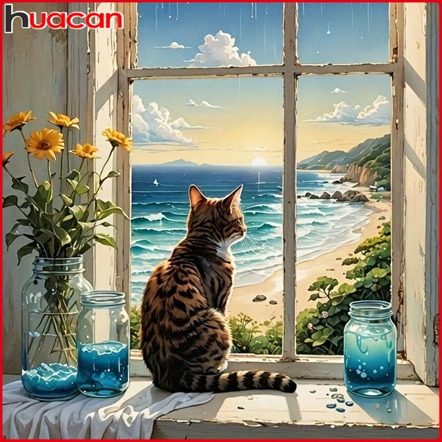 Huacan Diamant-Mosaik Bastelset mit Katzen- und Meereslandschaft in Multicolour, Rund-Diamantgemälde - Bild 1