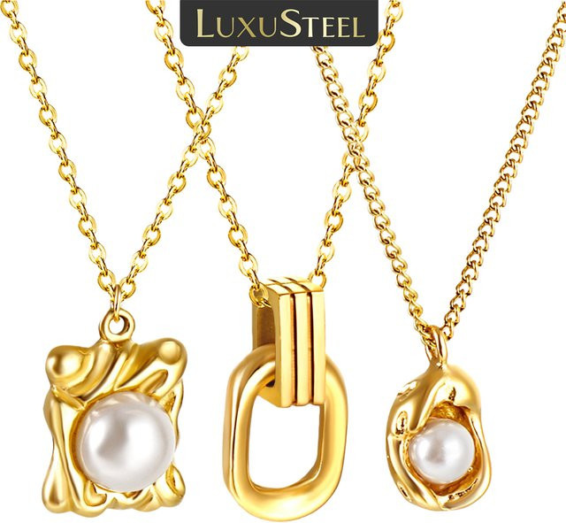 LUXUSTEEL Halskette Edelstahl, Gold, Perle, Damen - Bild 1