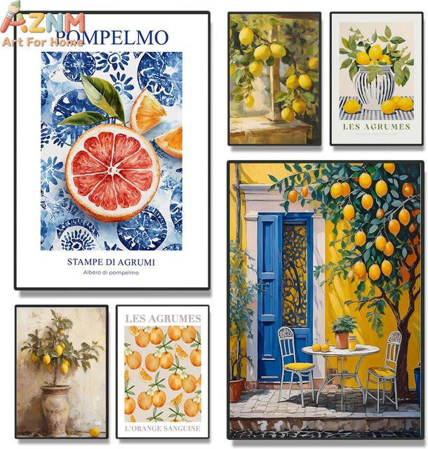Kayou Leinwand-Kunstdruck Sommerfrischer Zitronenbaum Retro Botanisches Poster Multicolour Wandkunst für Wohnzimmer und Küche - Bild 1