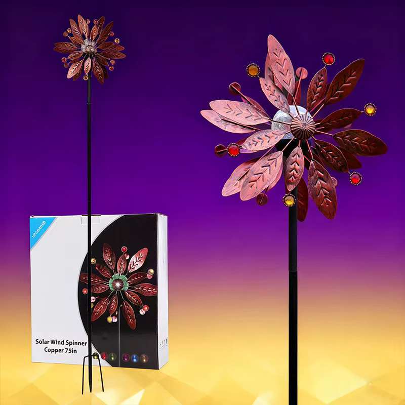 Solar-Windmühle mit Regenbogen-LED-Leuchten und Farbverlauf, windbetriebene dekorative Windkraftanlage aus Metall für den Außenbereich, Mehrfarbig - Bild 4