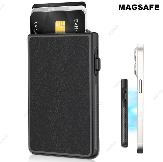 MagSafe Handy-Kartenhalter in Schwarz mit automatischem Pop-Up-Mechanismus, schlanke Magnet-Brieftasche kompatibel mit iPhone und Samsung - Bild 1