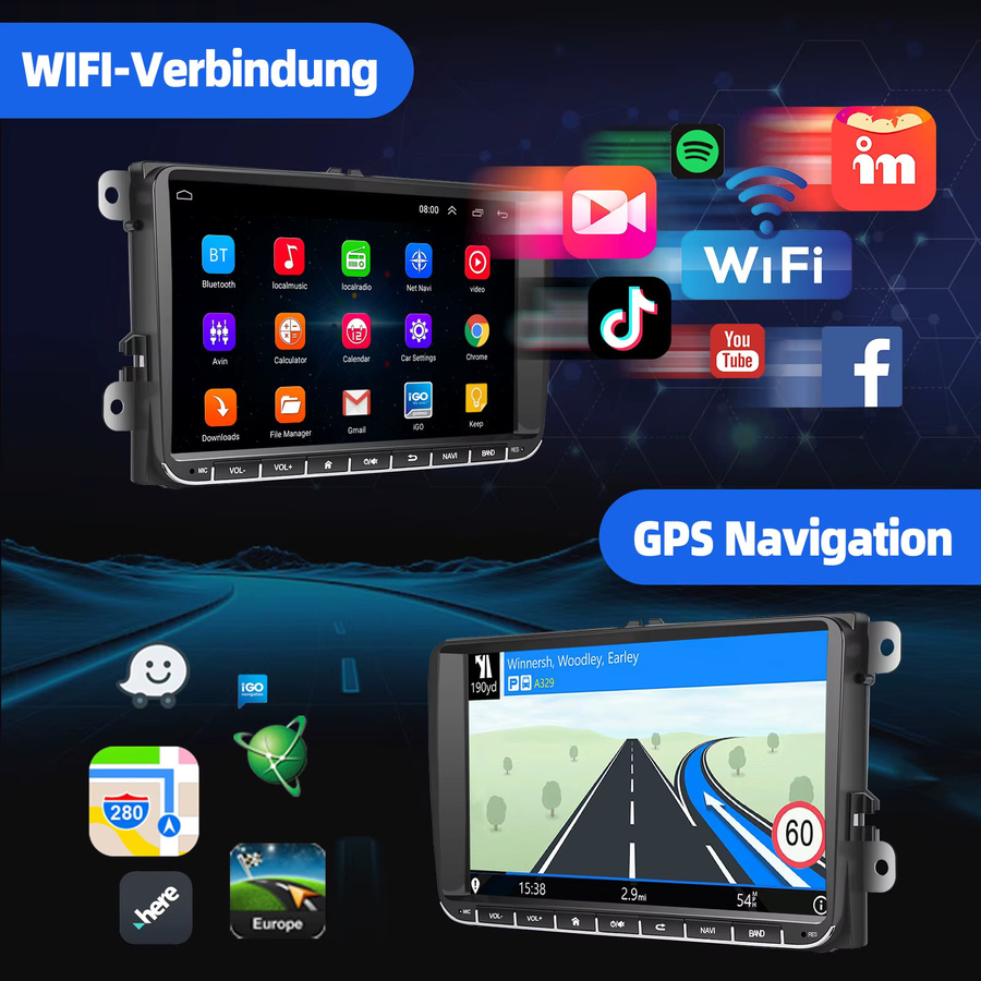 ESSGOO Android 14 Autoradio mit 9 Zoll Display, CarPlay, WLAN und GPS, Schwarz, passend für VW Golf 5 6, Passat, Polo, Touran, Tiguan, Caddy, EOS, T5 sowie SEAT und SKODA - Bild 2