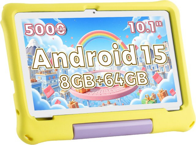 Paitanry Kinder-Tablet mit 10,1 Zoll HD Display, Android 15, 64GB Speicher, Gelb, mit stoßfester Hülle und Augenschutz - Bild 1