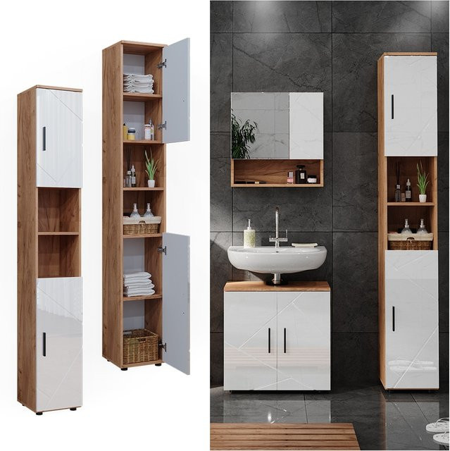 Vicco Badschrank Irma Hochschrank in Eiche und Weiß Hochglanz mit 2 Türen und offenen Fächern B/T/H: 30 x 23,01 x 192 cm - Bild 1