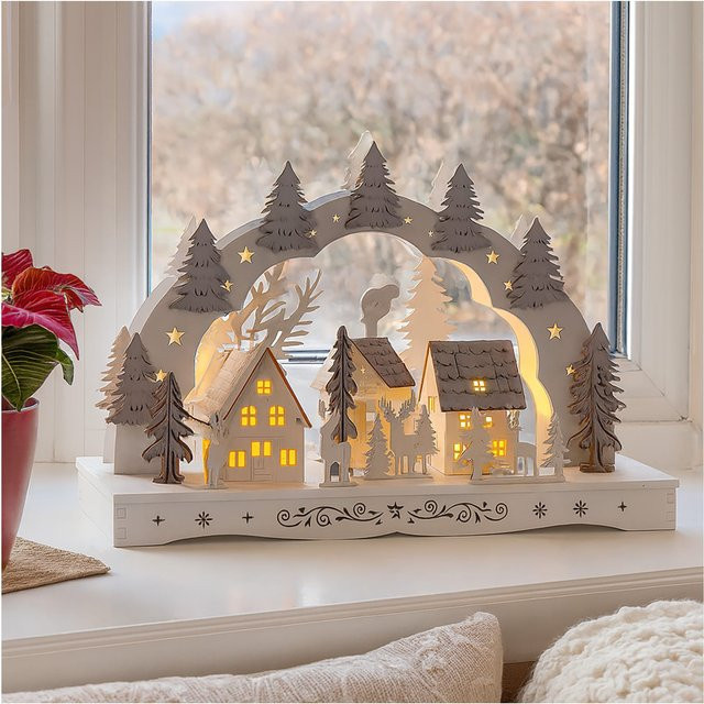 HTI-Living Leuchtbogen Dorf mit Tannen in Weiß aus Holz für die Weihnachtsdekoration - Bild 1