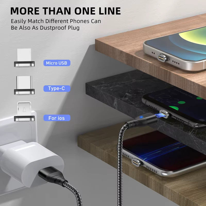 LUPWAY Magnetisches Schnellladekabel mit Micro-USB und USB-C für iPhone, Samsung, Xiaomi, Realme, OnePlus und Huawei in Schwarz - Bild 2