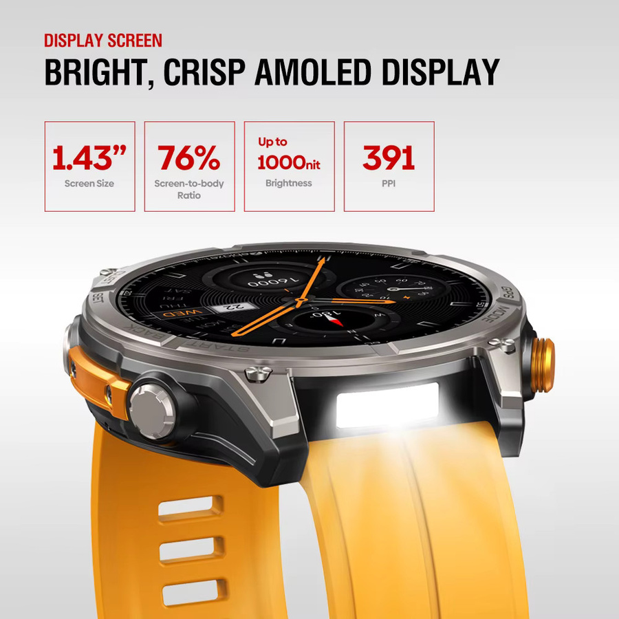 Zeblaze Stratos 4 GPS-Smartwatch mit 1,43-Zoll-AMOLED-Display in Schwarz, integriertem Kompass, barometrischem Höhenmesser, Taschenlampe und Sprachanruf-Funktion, 5 ATM wasserdicht - Bild 4