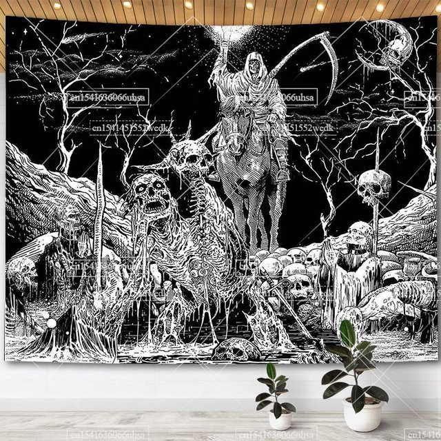 Gothic Wandteppich mit Schwarzweiss-Schädel, Mond und Mandala-Blumen für dein ästhetisches Schlafzimmer-Dekor - Bild 1