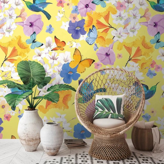 Mural Fototapete Blumen Floral Matt Gelb Blau Weiß Lila, B: 1,59 m, H: 2,80 m - Bild 1