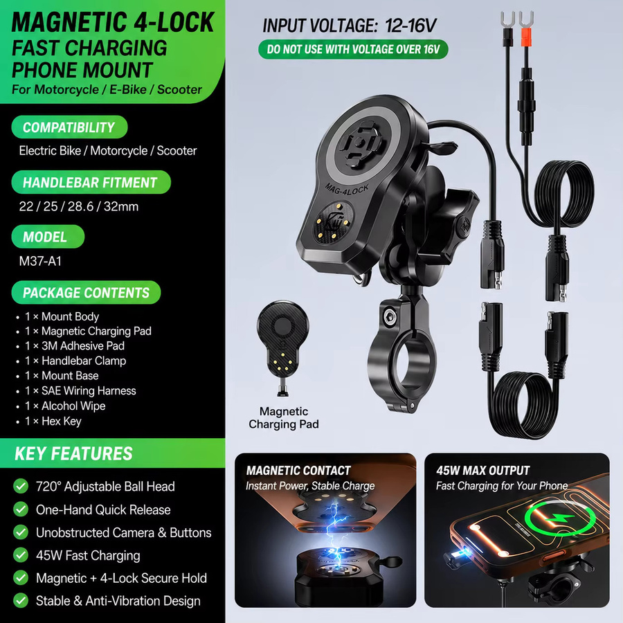 Kewig Magnetische 45W Schnell-Ladehalterung für Motorrad und E-Bike in Schwarz mit USB-C Pad und 4-fach Verriegelung, Wasserdichte Lenker-Handyhalterung - Bild 2
