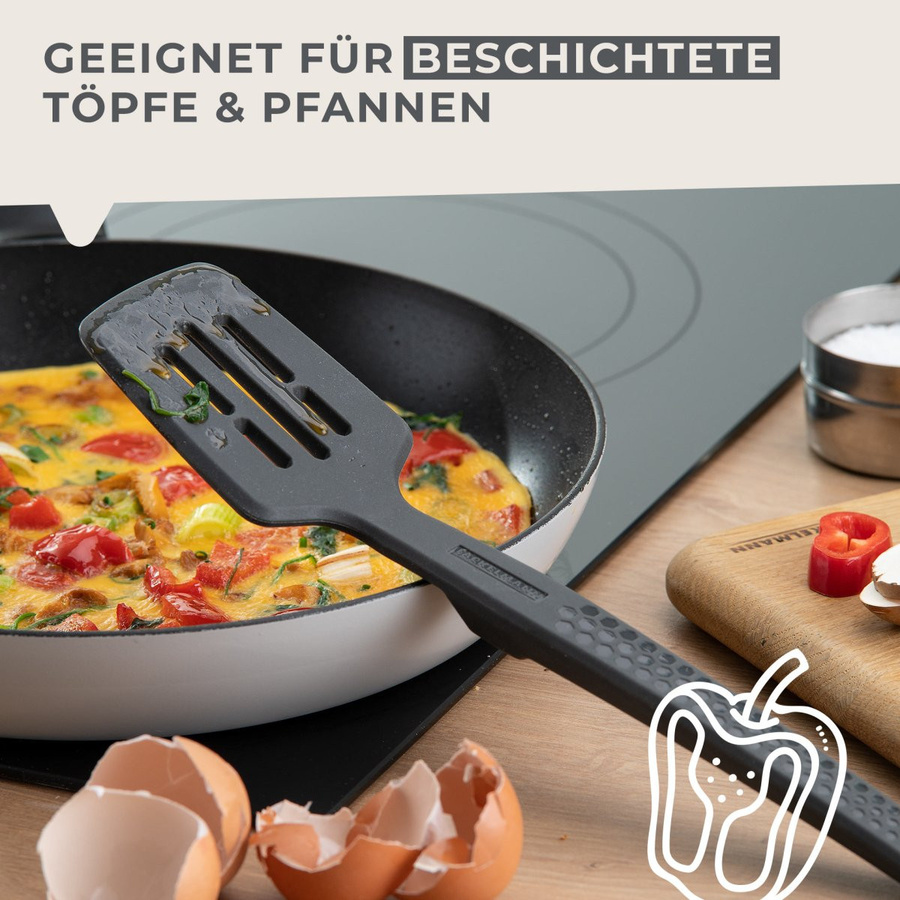 Fackelmann Pfannenwender Statement mit Schlitzen aus Silikon und Metall in Grau und Schwarz, hitzebeständig und spülmaschinenfest - Bild 2