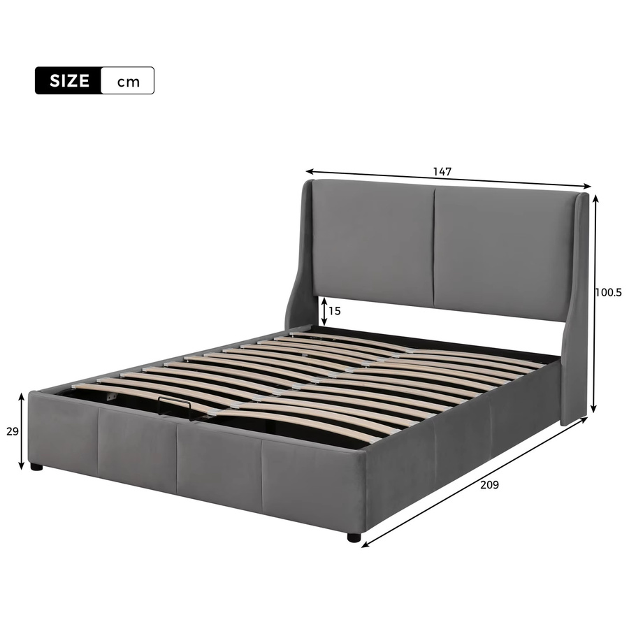 Doppelbett Okwish mit Stauraum und hydraulischem System aus Samt in Grau, B/T: 140 x 200 cm - Bild 3