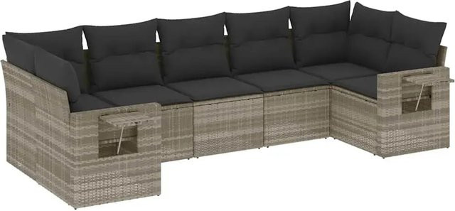 vidaXL 7-teilige Garten-Sofagarnitur in L-Form aus Poly Rattan mit Kissen in Hellgrau - Bild 1