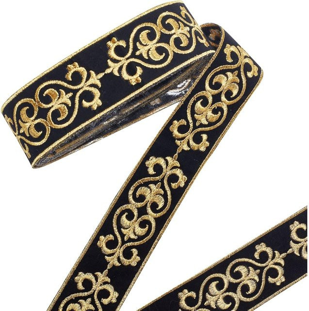 Jacquardband mit Blumenbesatz in Schwarz-Gold, 4 Yards, heiß klebender bestickter Spitzenbesatz mit Stofffransen - Bild 1