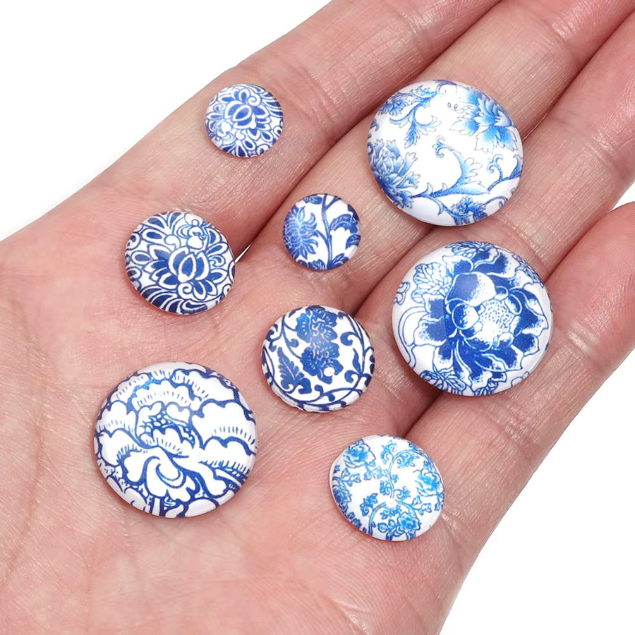 Louleur Porzellan-Glas-Cabochons, Blau-Weiß, Rund, Flach - Bild 4