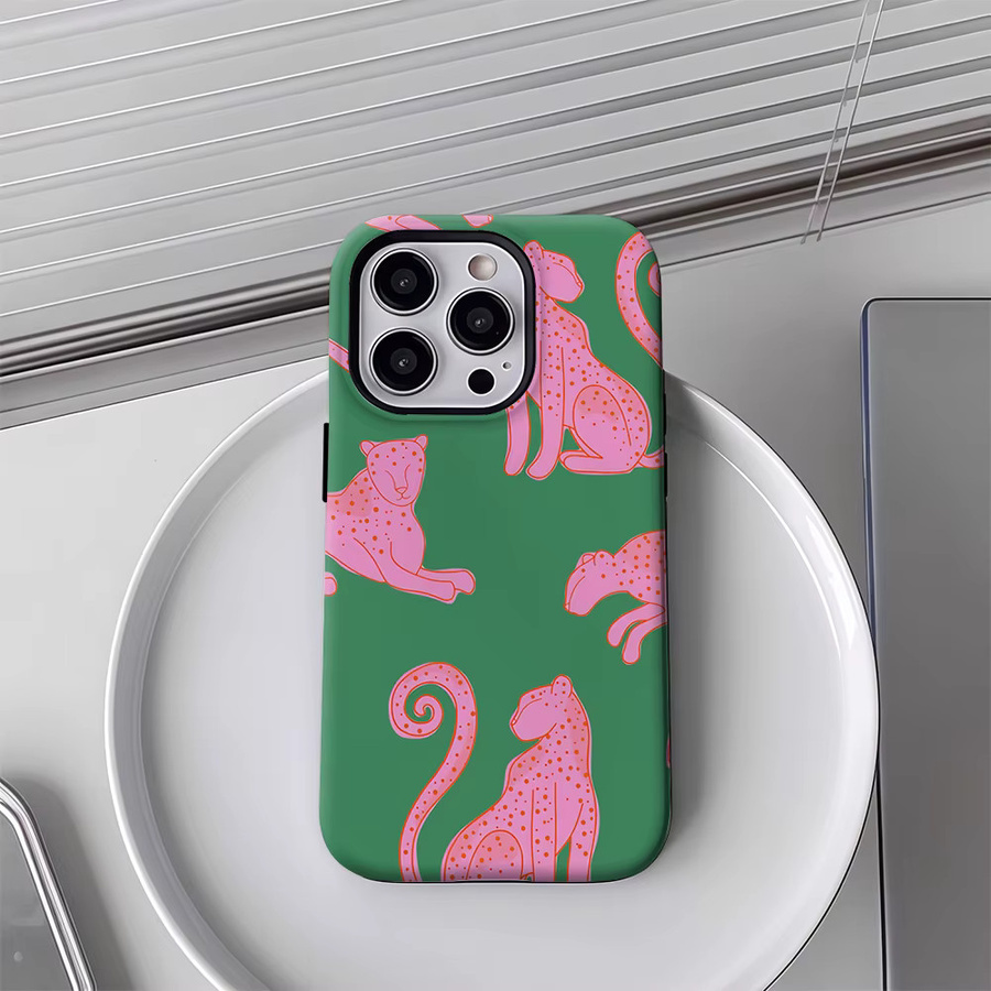 Potdemiel Handyhülle mit Rosa Leoparden-Muster und grünen Akzenten für iPhone 18/17/16/15/14/13/12 Pro Max Plus, Doppelschichtige Rückabdeckung - Bild 4