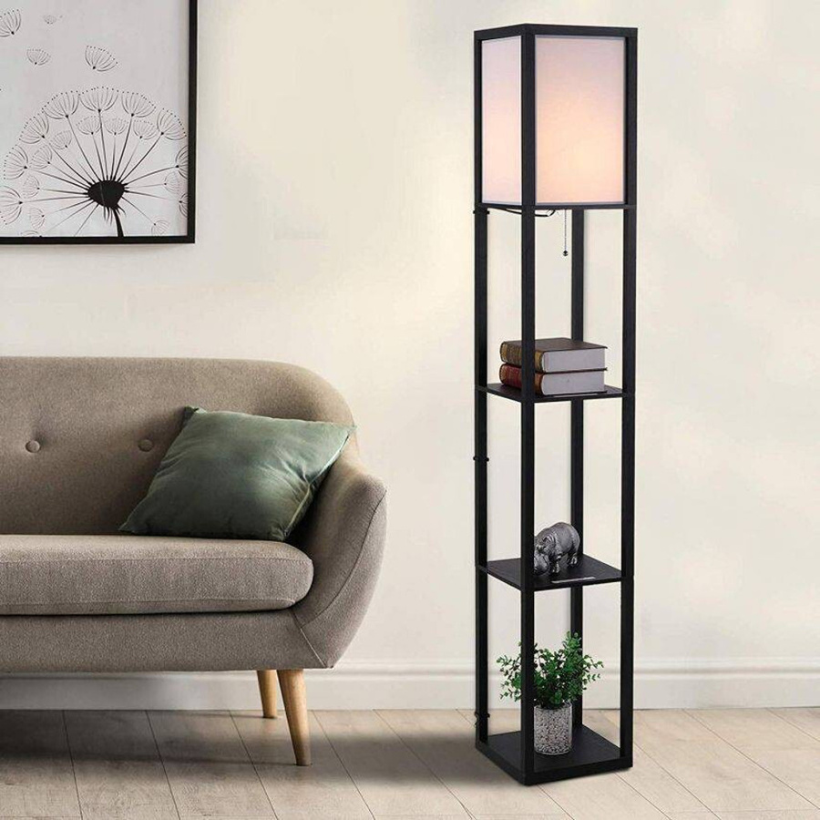 HOMCOM Stehleuchte mit Regalen in Schwarz aus Holz und MDF mit Stoffschirm, E27, B/T/H: 26 x 26 x 160 cm - Bild 4