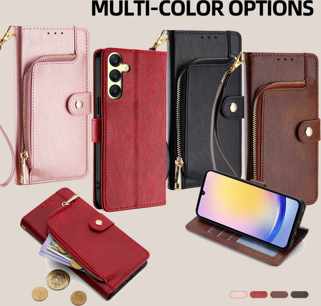 Leder Flip Handyhülle mit Reißverschluss und Card Slots für Samsung Galaxy A55 A35 A15 A25 A54 A34 A24 A73 A53 A33 A23 und Xcover 5 in Rot - Bild 1
