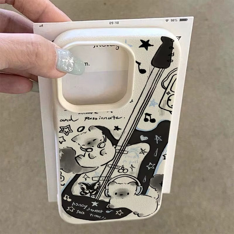 Handyhülle mit Gitarrenkatze-Muster und Litschi-Struktur für Apple iPhone 17 16 15 Pro Max Plus in Beige und Multicolour - Bild 4