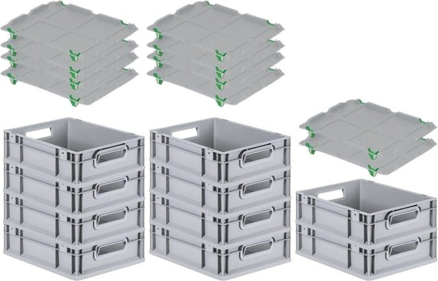 PROREGAL SparSet 10x Eurobox NextGen Grip mit Auflagedeckel und 4 grünen Schiebeschnappverschlüssen, Grau, H x B x T: 12 x 30 x 40 cm - Bild 1