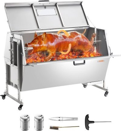 VEVOR Rotisserie Grill mit Abdeckung, 60W Edelstahl-Holzkohle-Grill für Schwein, Lamm oder Ziege, 56 Inch, Tragbare Grillstation mit verriegelbaren Rollen für Camping und Outdoor-Barbecue - Bild 1