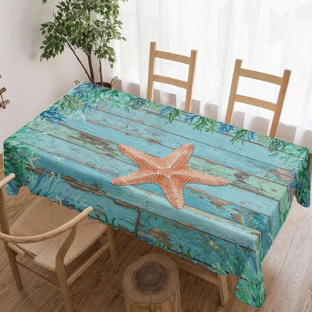 JINGYUE Pet Tischdecke Seestern Holz Design in Blau, wasserabweisend und waschbar, B/L: 140 x 200 cm - Bild 1