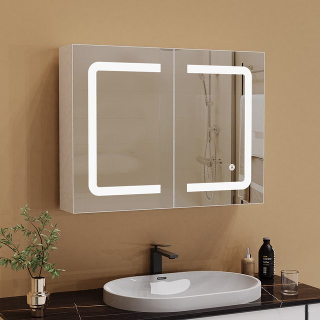 ROSAHQNDA LED-Spiegelschrank für das Badezimmer aus Edelstahl mit Glastüren und integrierter Beleuchtung, wandmontiert und modern - Bild 1