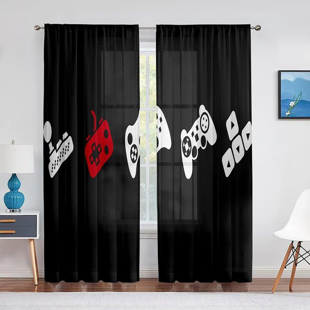 Transparenter Tüllvorhang mit Gamer-Motiv für Kinder, Super Six Videospiel Design, Schwarz, Breite: 100 cm, Höhe: 250 cm - Bild 1