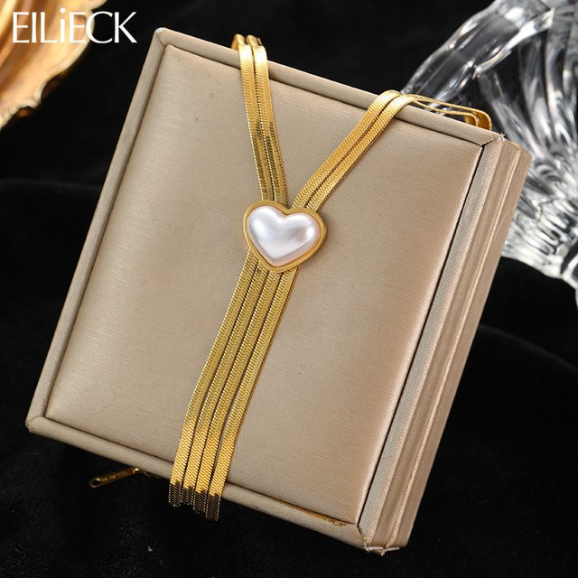 EILIECK Halskette Edelstahl, Perle, Gold, Damen - Bild 1