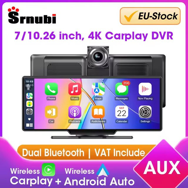Srnubi Kabelloser Carplay Bildschirm für das Auto mit 7 bis 10,26 Zoll Display, Android Auto Dash Cam mit 4K DVR, 1080P Rückfahrkamera und AUX Anschluss, Schwarz - Bild 1