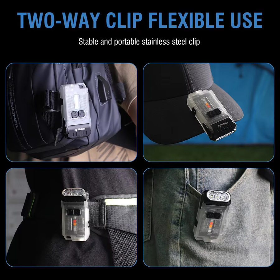 BORUiT V15 LED-Schlüsselanhänger Taschenlampe mit warmweißem Licht, wiederaufladbar via Typ C, mit Clip und Magnet, wasserdicht, Schwarz - Bild 4
