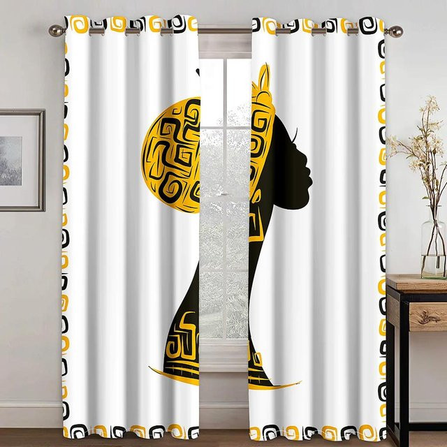Yiran Furniture Vorhänge mit abstraktem Design afrikanischer Frauen in Schwarz, 2er-Set, lichtfilternd, B: 100 cm, H: 160 cm - Bild 1