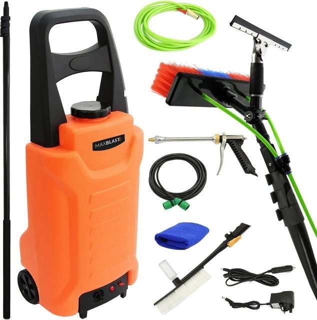 Monstershop Fensterreinigungsset mit 7,35m Wasserführender Teleskopstange aus Aluminium und 30L Reinigungswagen in Orange - Bild 1