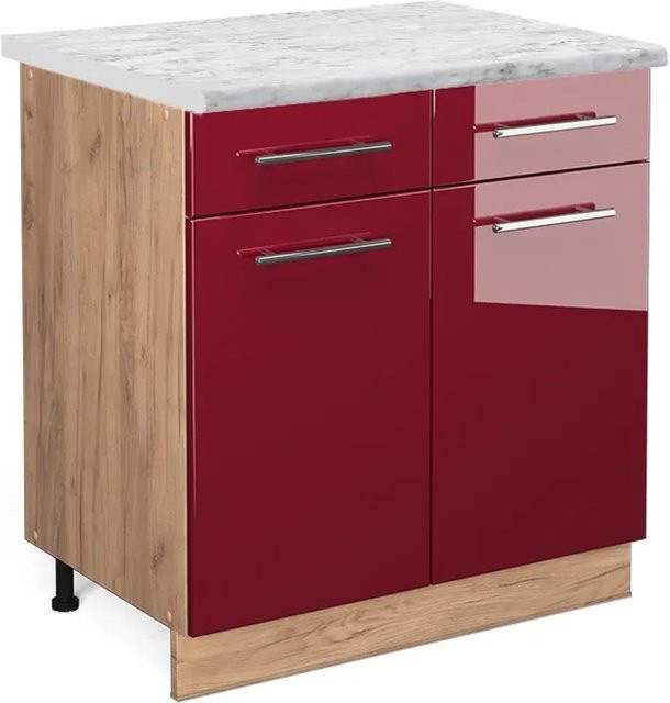 Vicco Küchenunterschrank Fame-Line Bordeaux Hochglanz Goldkraft Eiche mit Marmor-Optik B: 80 cm, H: 76 cm, T: 40 cm - Bild 1