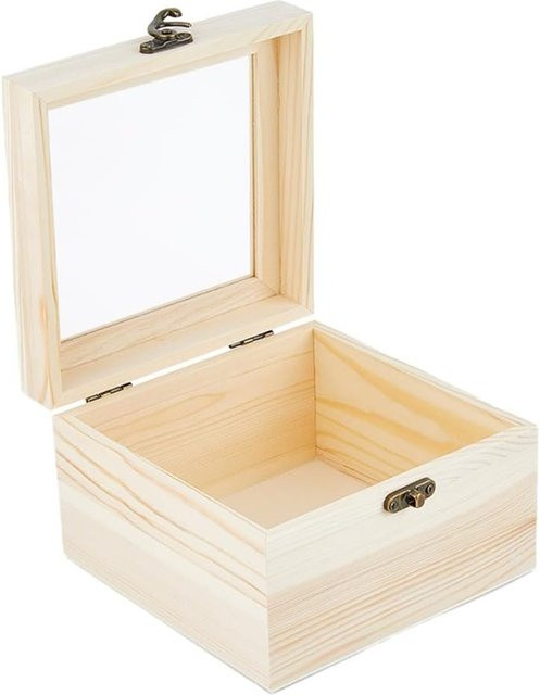 Quadratische Holzkiste mit transparentem Deckel und Fenster zur Schmuckaufbewahrung, B/T/H: 15 x 15 x 9,5 cm - Bild 1
