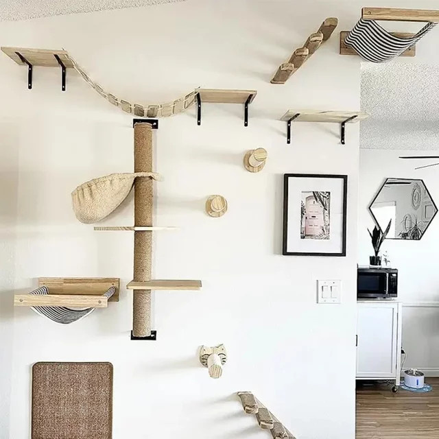 Qlfyuu Katzenklettergerüst für die Wand mit Hängematte und Sisal in Beige - Bild 1