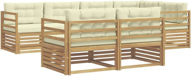 vidaXL Outdoor-Sofagarnitur 7-teilig in L-Form aus Akazienholz mit Kissen in Weiß und Creme-weiß - Bild 1