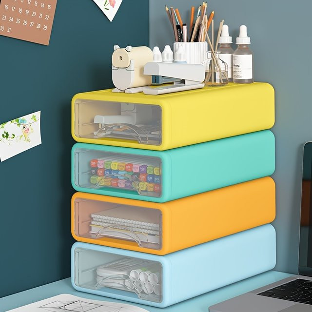 Stapelbare Desktop-Aufbewahrungsboxen mit transparenten Schubladen aus Kunststoff in Orange für Bürobedarf und Kosmetika - Bild 1