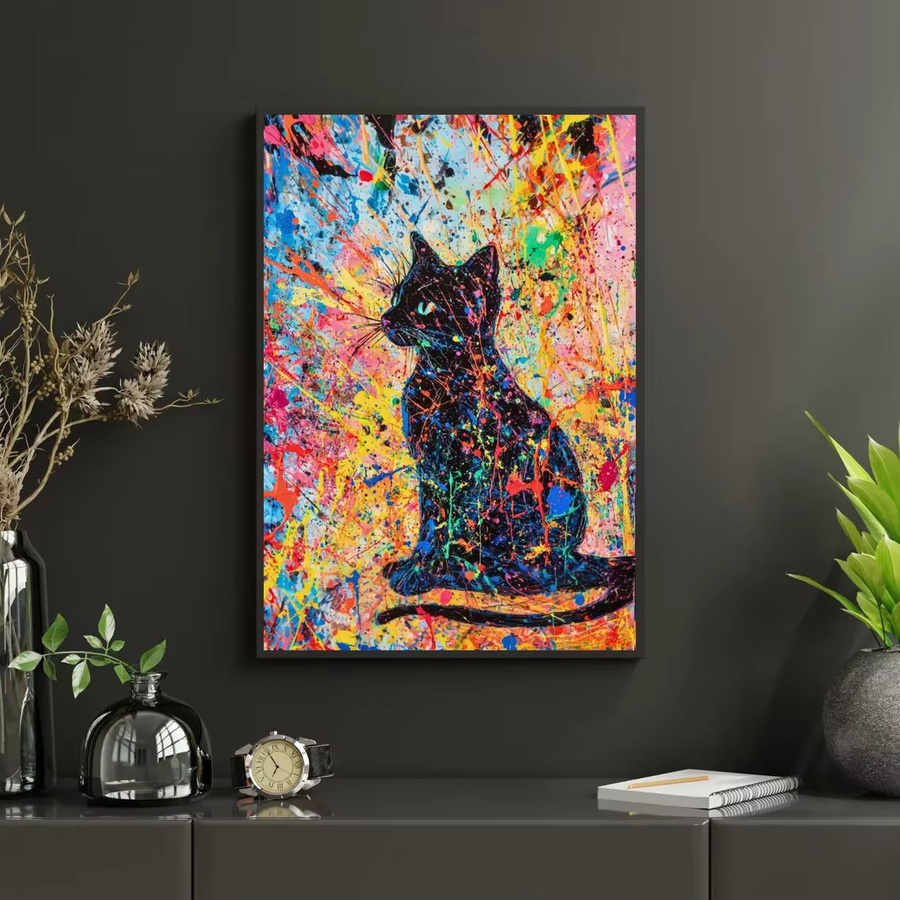 Abstraktes Katzenposter im Jackson Pollock Stil als bunte Wandkunst aus Papier, Mehrfarbig - Bild 2
