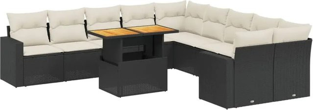 vidaXL 11-tlg. Garten-Sofagarnitur in L-Form aus Polyrattan und Akazienholz mit Kissen in Schwarz-Creme - Bild 1