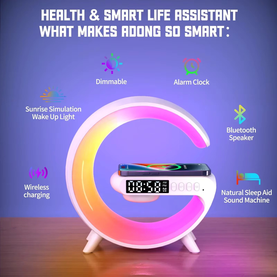 VIKEFON Multifunktions Drahtloses Ladegerät mit RGB-Licht, Wecker und Lautsprecher, Schnelles Lade-Dock für iPhone, Samsung und Xiaomi, Weiß, Multicolour - Bild 3