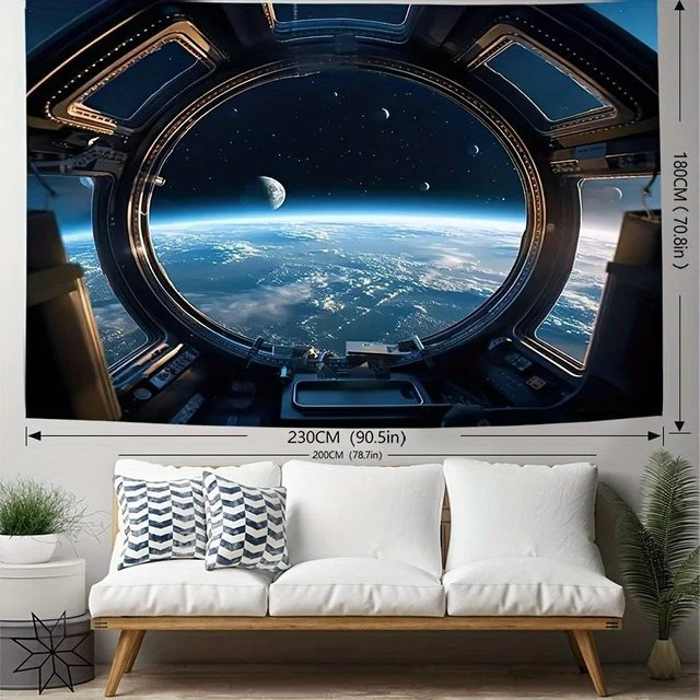 VIKAMA Wandbehang Raumkapsel Sci-Fi Motiv mit Kuh, Erde und Galaxie, Rechteckiger Textiler Wandbehang für Wohnzimmer und Arbeitszimmer, Breite: 180 cm, Höhe: 40 cm - Bild 1