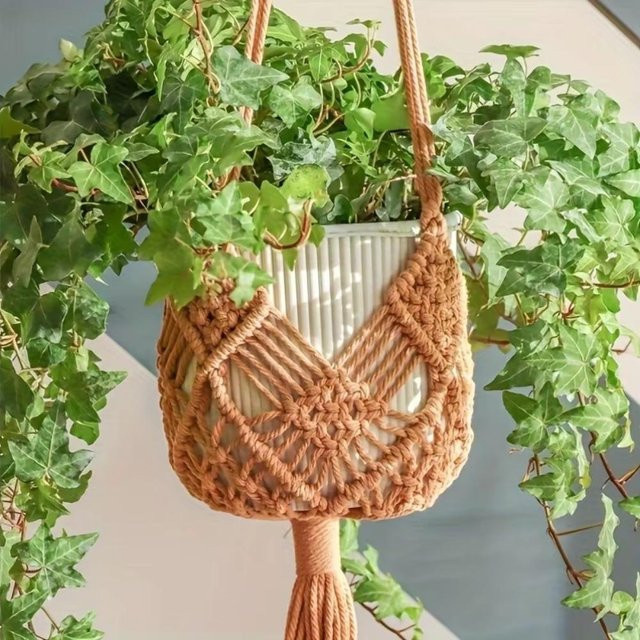 Rainbow Rain Boho Makramee Pflanzenaufhänger aus Baumwolle in Beige - Bild 1