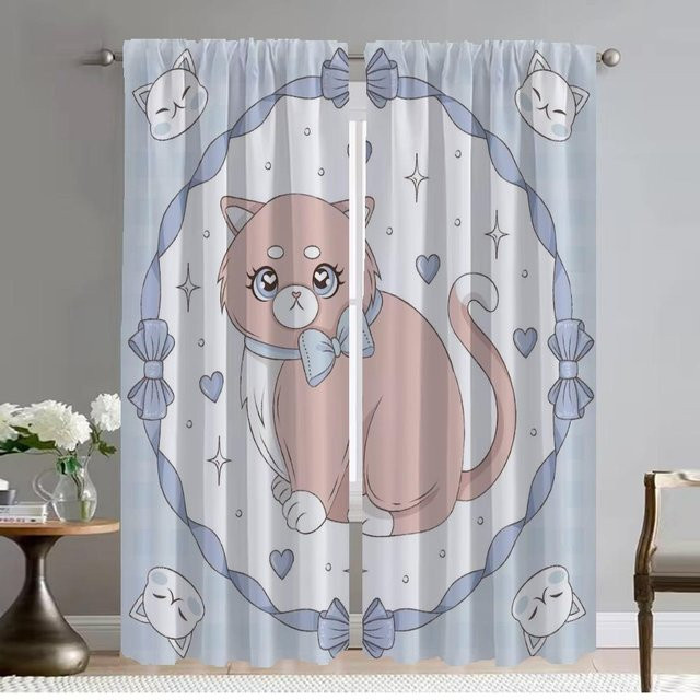 Elegante Blackout-Vorhänge mit Katzen-Motiv für Küche, Schlafzimmer und Wohnzimmer, 2er-Set, Farben: Schwarz und Blau, Breite: 50 cm, Höhe: 70 cm - Bild 1
