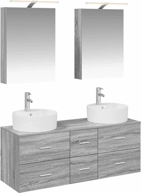 vidaXL Badezimmermöbel-Set 5-teilig in Grau mit Waschtischunterschrank, Spiegelschrank und Wandschränken aus Holz und Glas mit LED-Beleuchtung - Bild 1