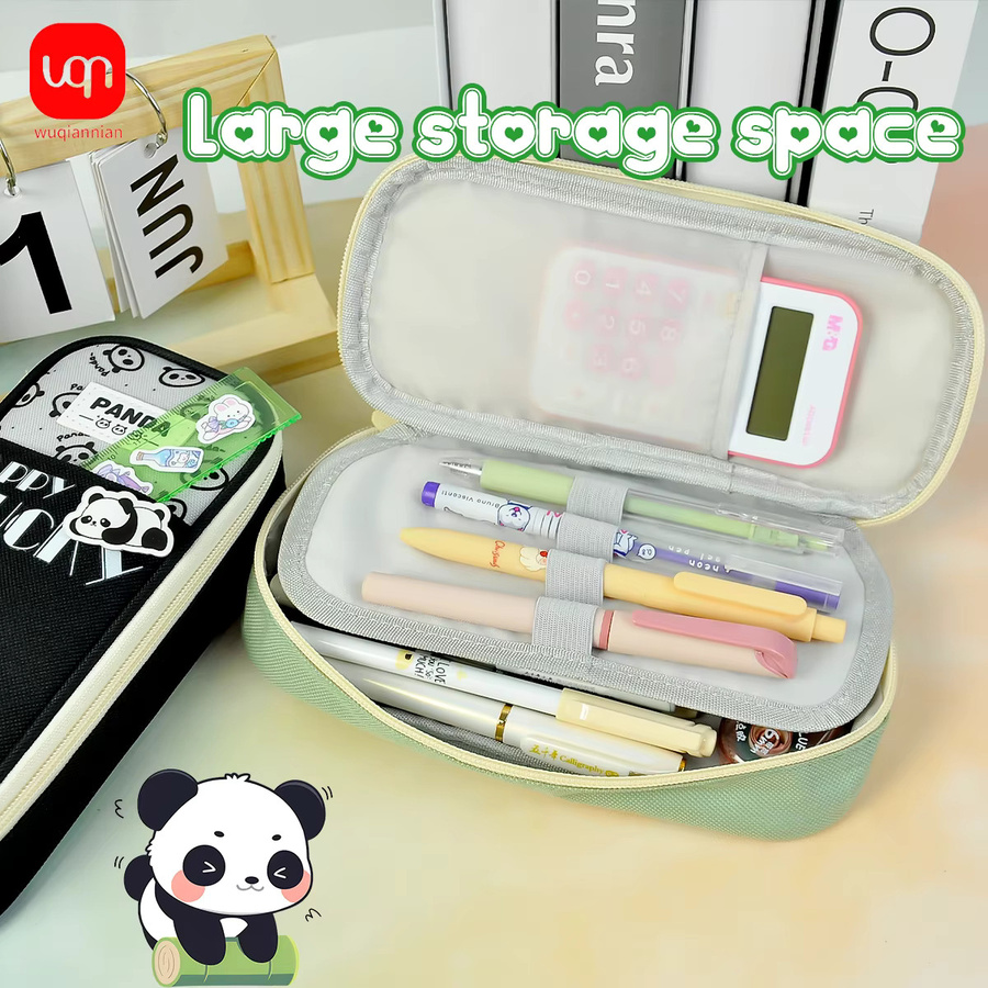 WQN-1PC Minimalistisches Panda-Federmäppchen aus Leinen in Grün mit großem Fassungsvermögen für Schule und Büro - Bild 6