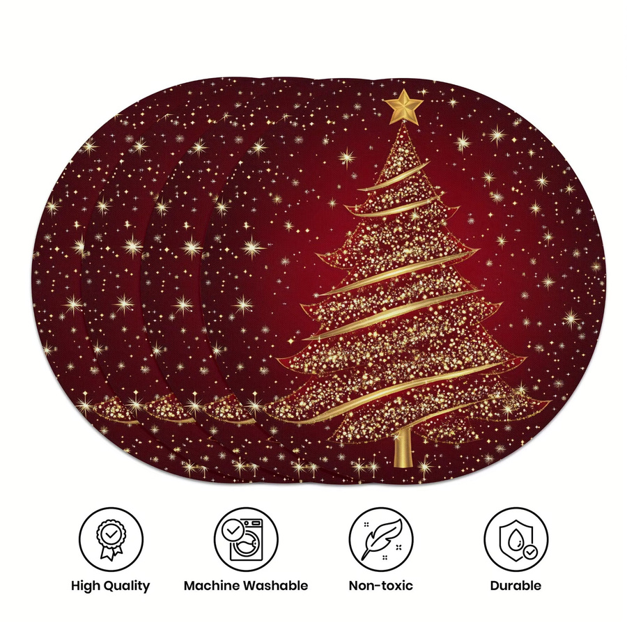 VIKAMA Weihnachtsmatte mit goldenem Weihnachtsbaum und Sternen, maschinenwaschbar, Farben: Gold und Rot - Bild 4