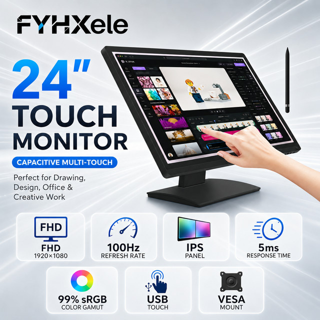 FYHXele 24 Zoll Touchscreen Monitor FHD 1920x1080 IPS Display mit 100Hz Kapazitives Multi-Touch Display Schwarz mit HDMI und VGA für Büro und Industrie - Bild 1